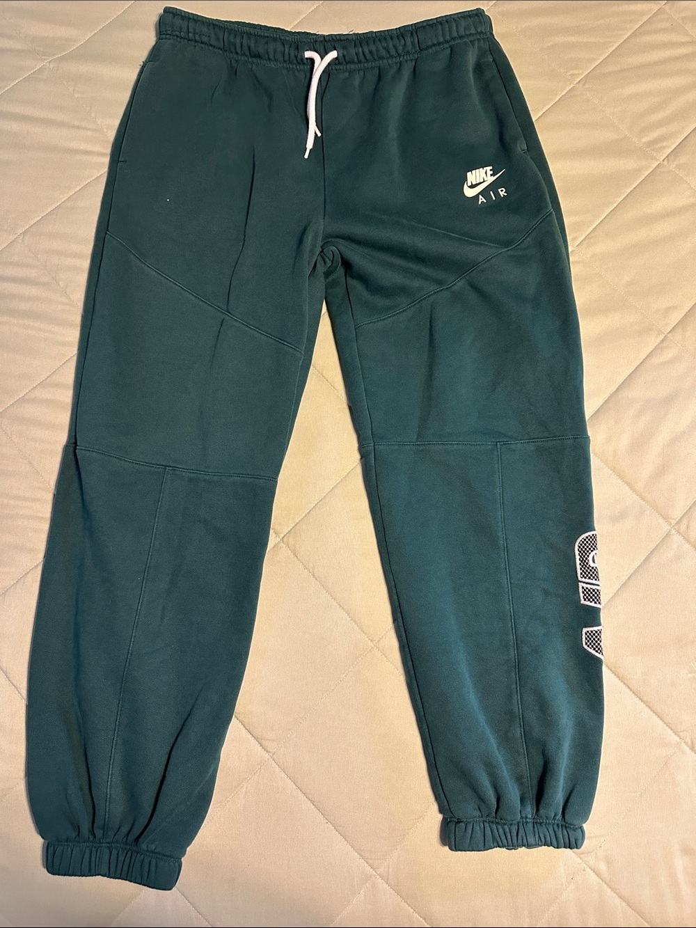 Nike Kids Dark Green Air Fleece Joggers with White Drawstring